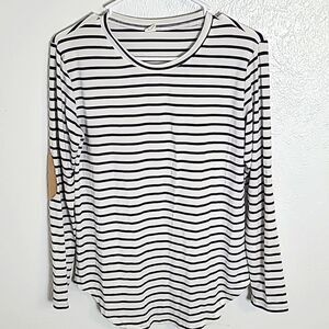 Pullover White Jersey Top with Navy Stripes & Tan Elbow Patches,  Size Small